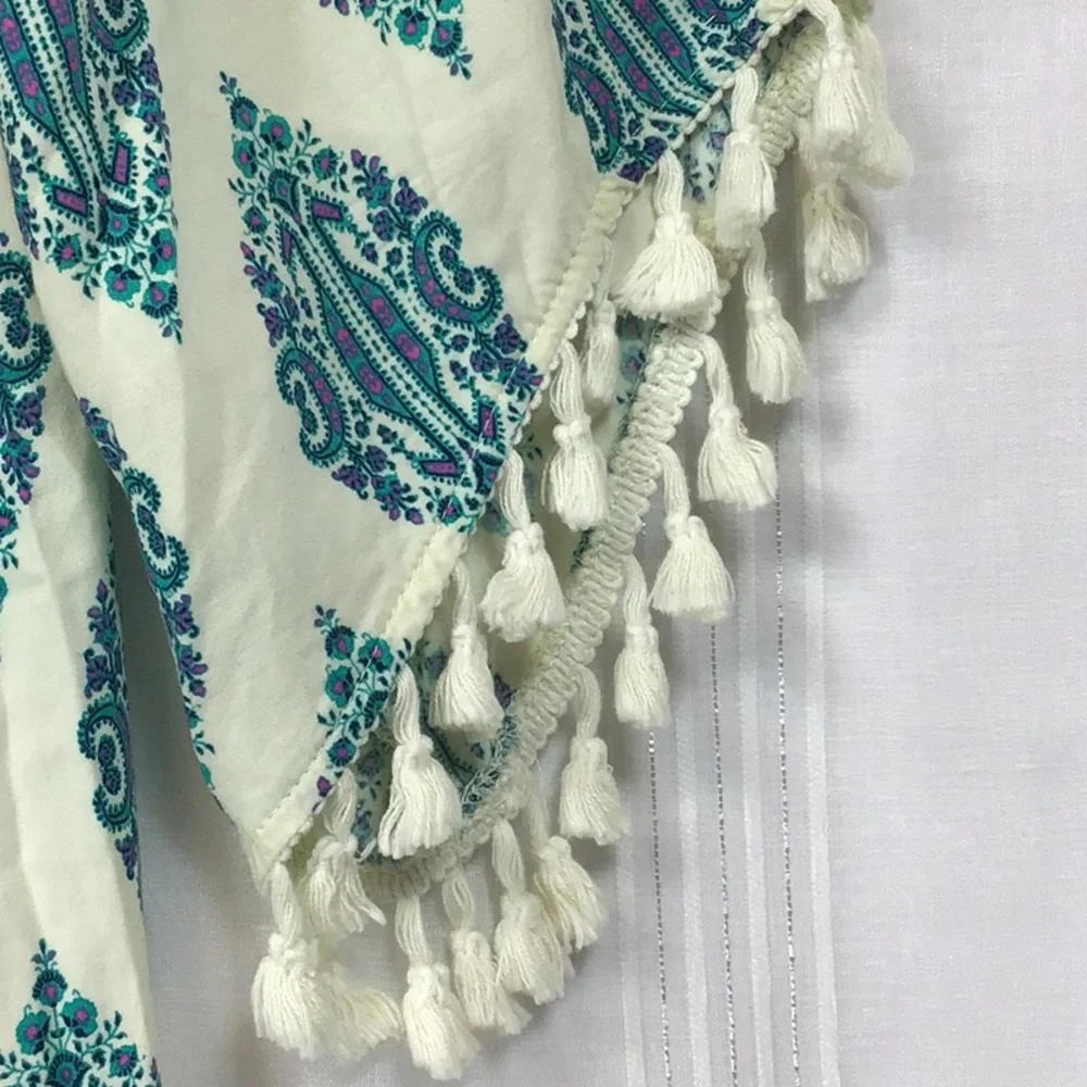 🦚 LOVE FIRE Smocked Off Shoulder Teal Cream Tassel Crochet Trim Dress Sz.M NWOT - Picture 10 of 11